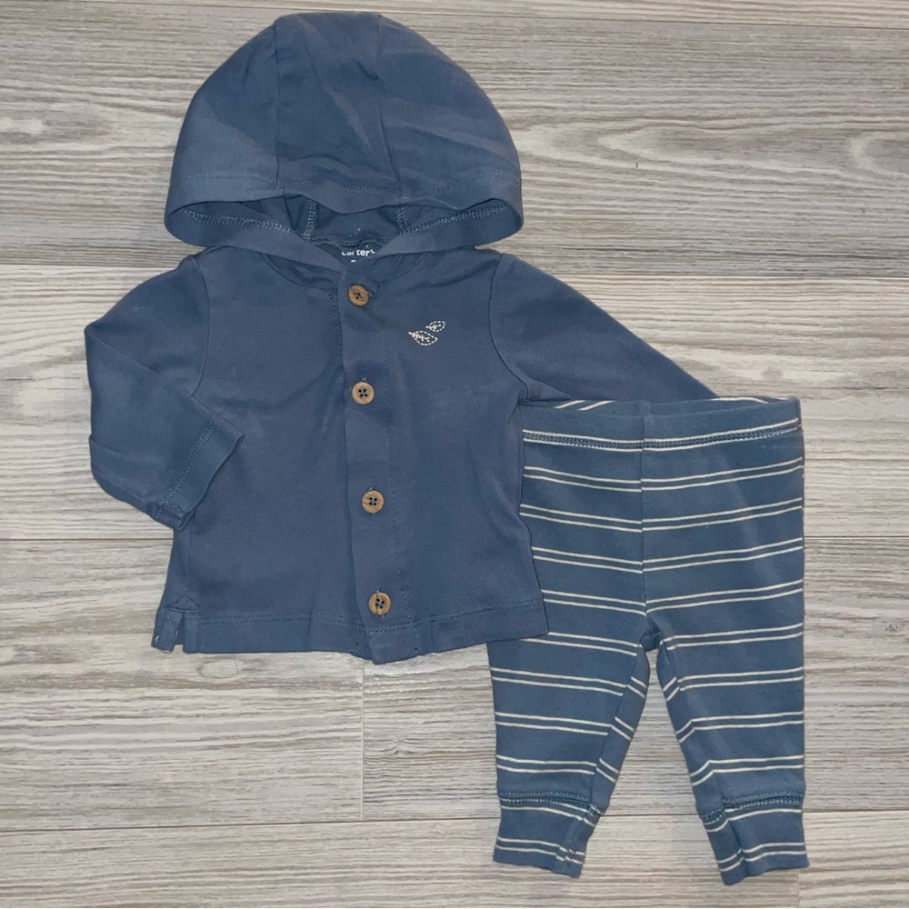 Carter’s Baby Boys 2PC Outfit 3M Blue Stripe Pants & Hooded Button Shirt